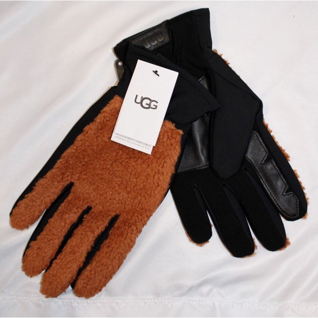 UGG MENS FLUFF GLOVE LEATHER PALM HARDWOOD BROWN TOUCHSCREEN NWT