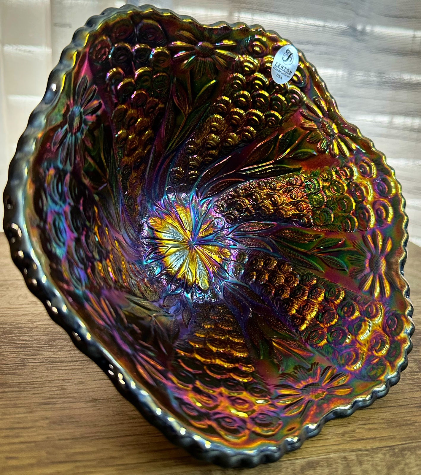 Carnival Glass Fenton Peacock Feathers Amethyst Bowl with Stand / NIB