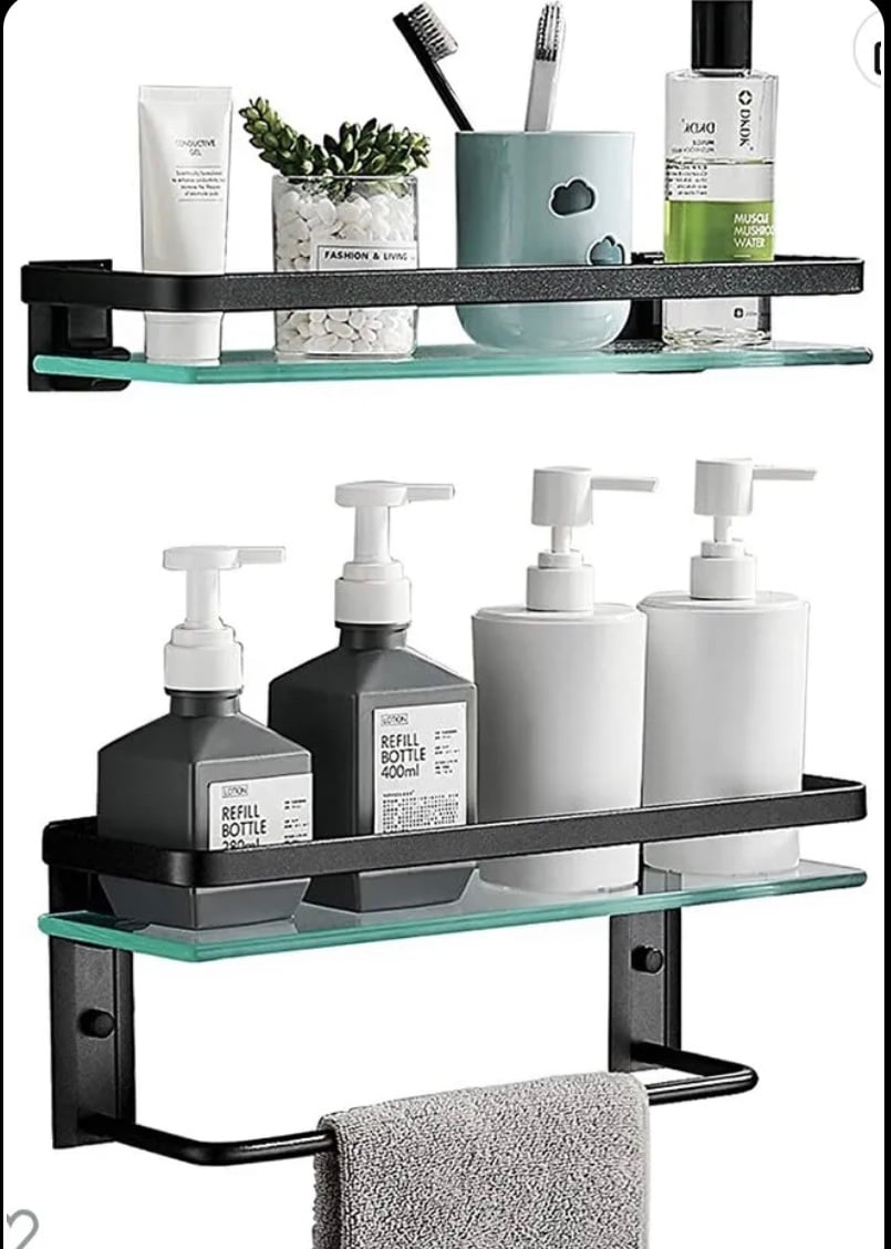 15.7 Inches Glass Bathroom Shelf, Floating Shelves with Rail and Towe