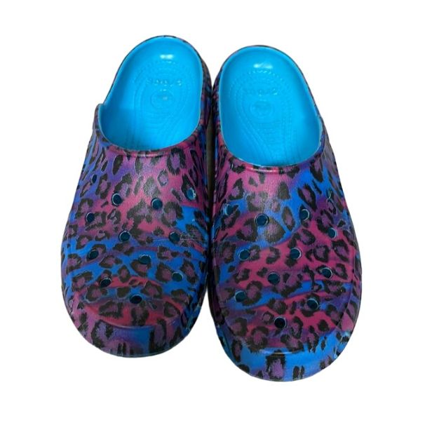 Blue, Black & Purple Leopard Print Crocs Size 9W