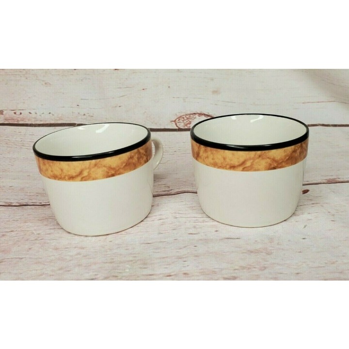Rare White Wood Design Black Trim Original Stoneware Thailand Coffee Tea Cup