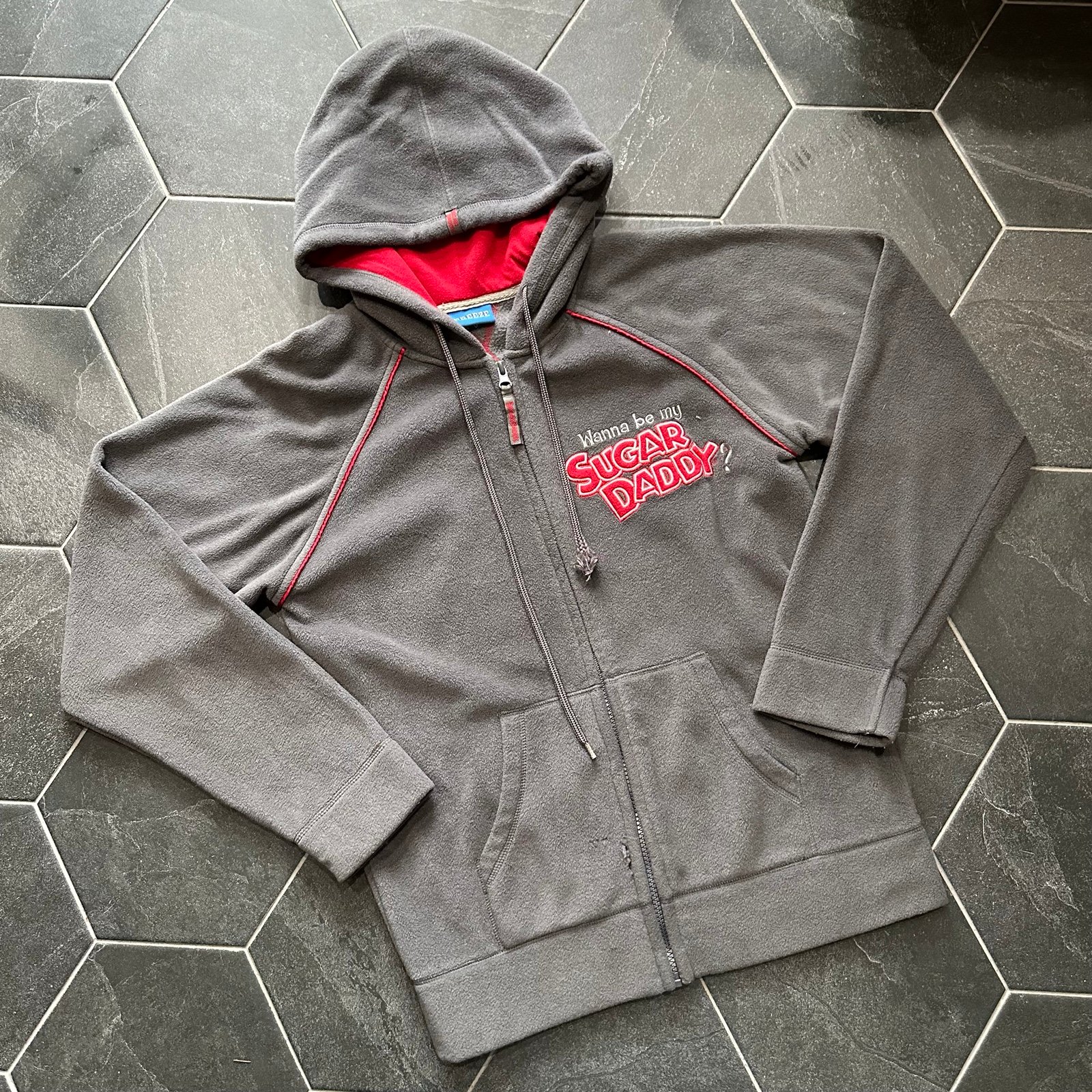VTG Y2K 2000s Gray & Red Sugar Daddy Candy Fleece Zip Up Hoodie Jacket Sweatshir