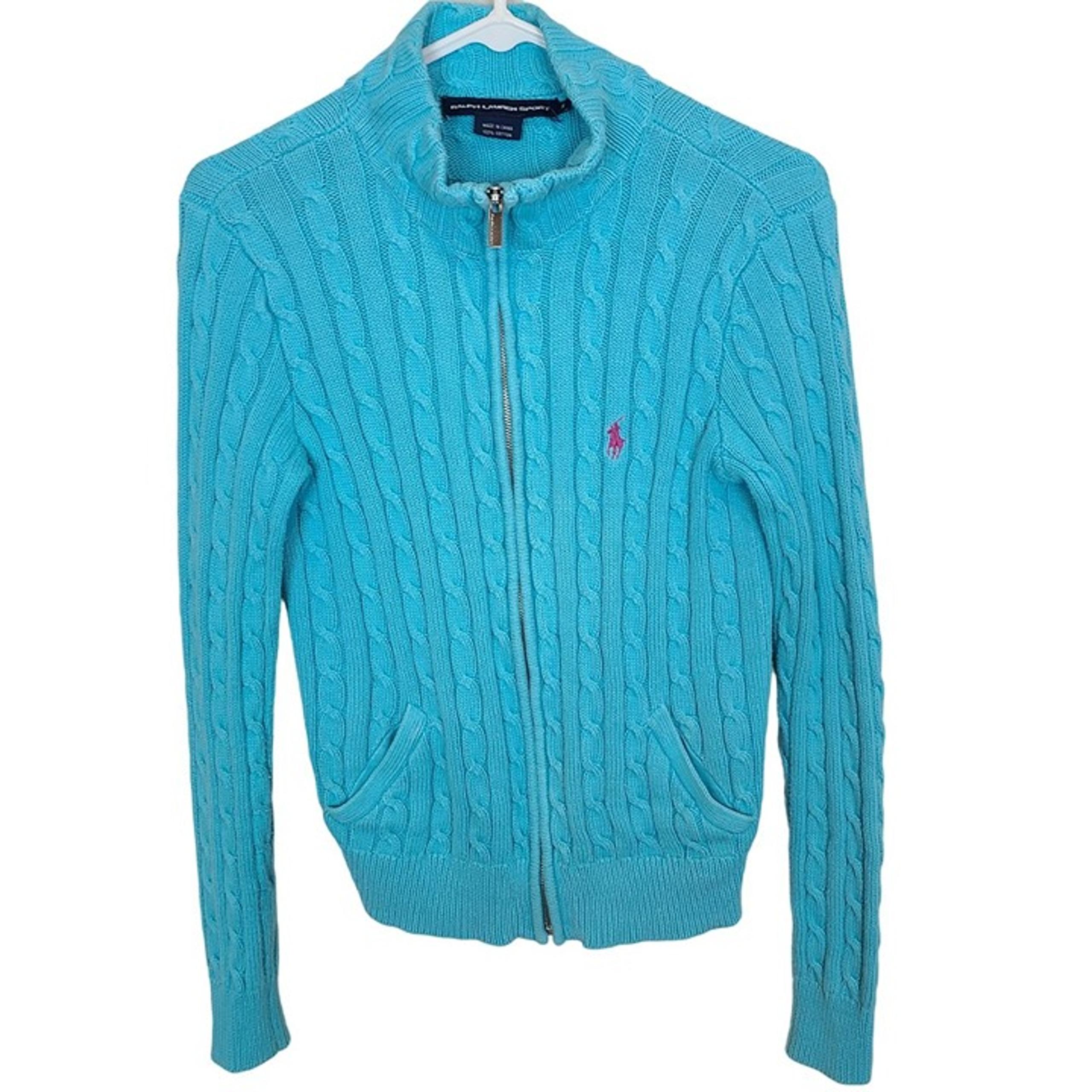 Ralph Lauren Sport Womens M Blue Long Sleeves Cable Knit Full Zip Sweater Pony