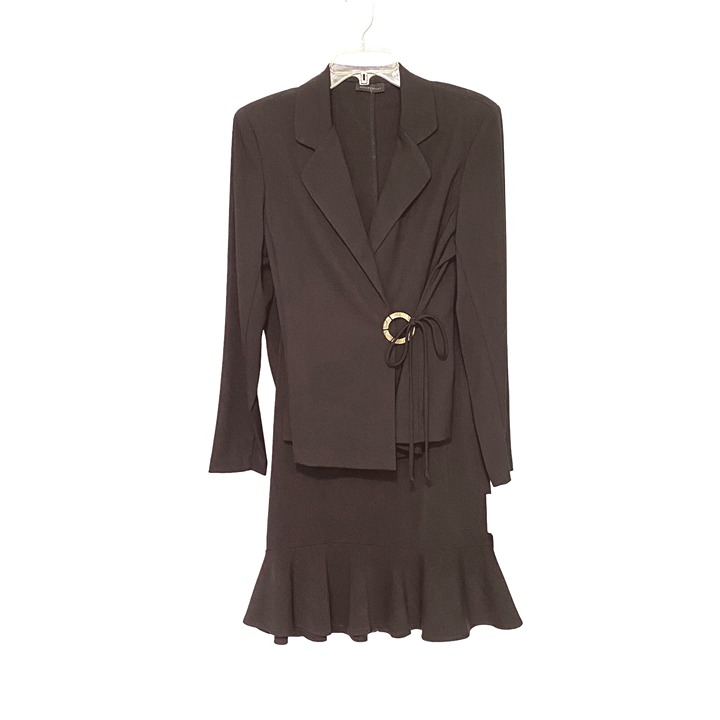 Courtenay 2 PC Black Linen Suit Wrap Style Jacket Ruffle Hem Skirt Womens 10 NWT