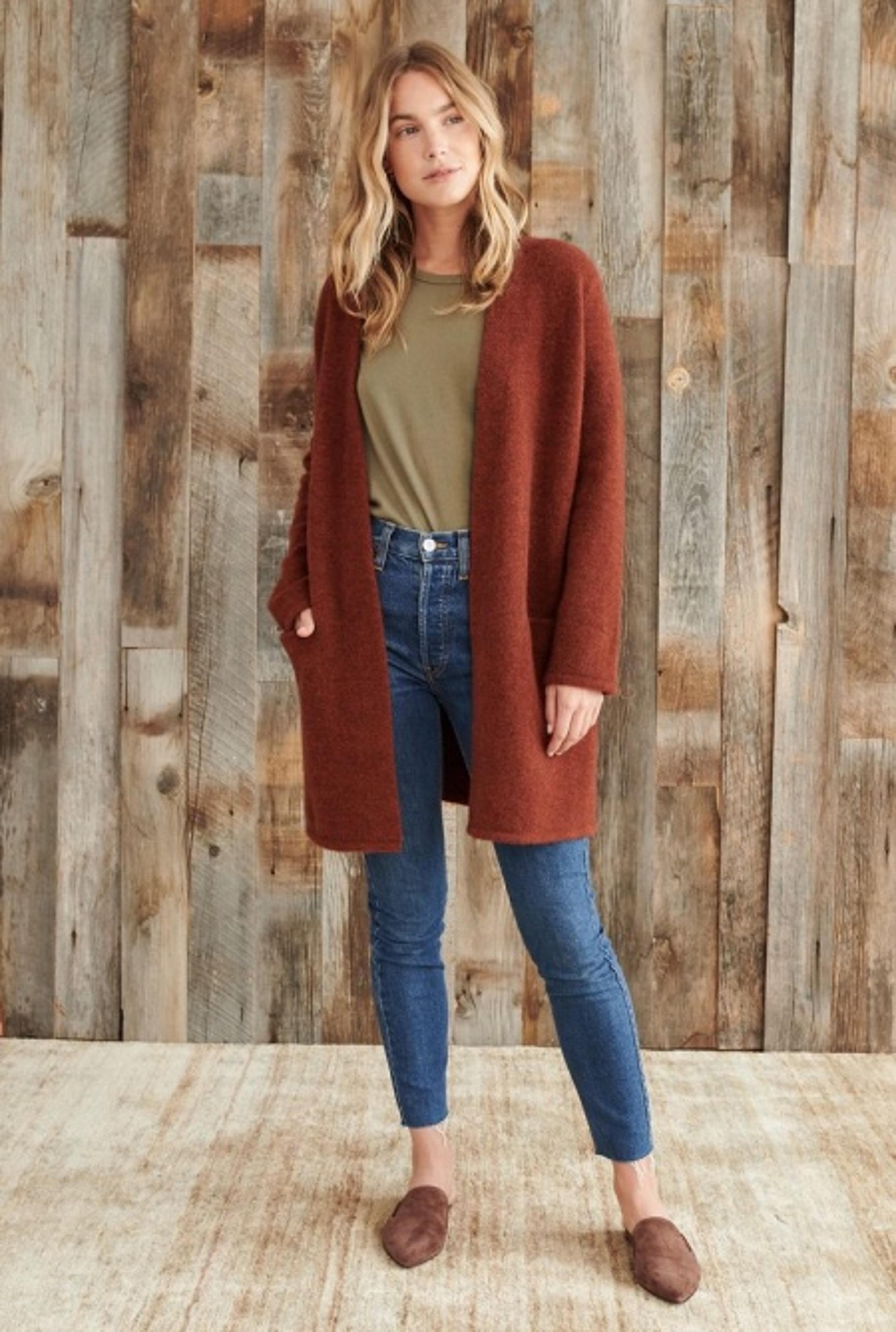 Jenni Kayne Brown Burnt Rust Orange Wool Yak Open
Cardigan With Pockets Size XL