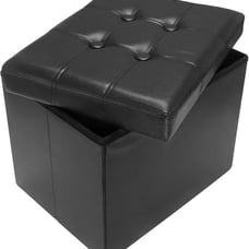 Folding Leather Stool Storage Ottoman Foot Rest 17 inch Black