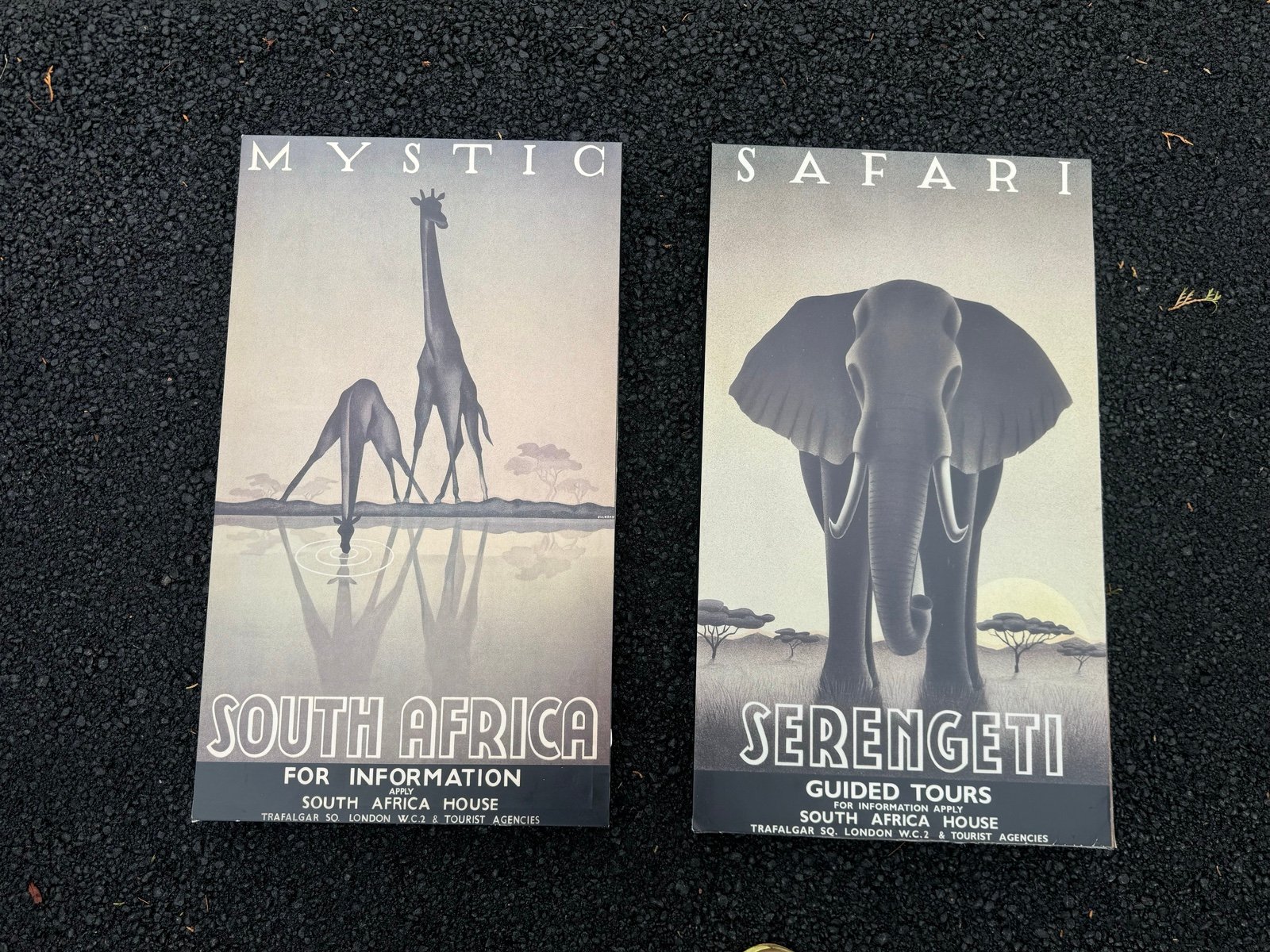 Pair of South African Animal Travel Posters by Gayle Ullmann Giraffe Elephant. M