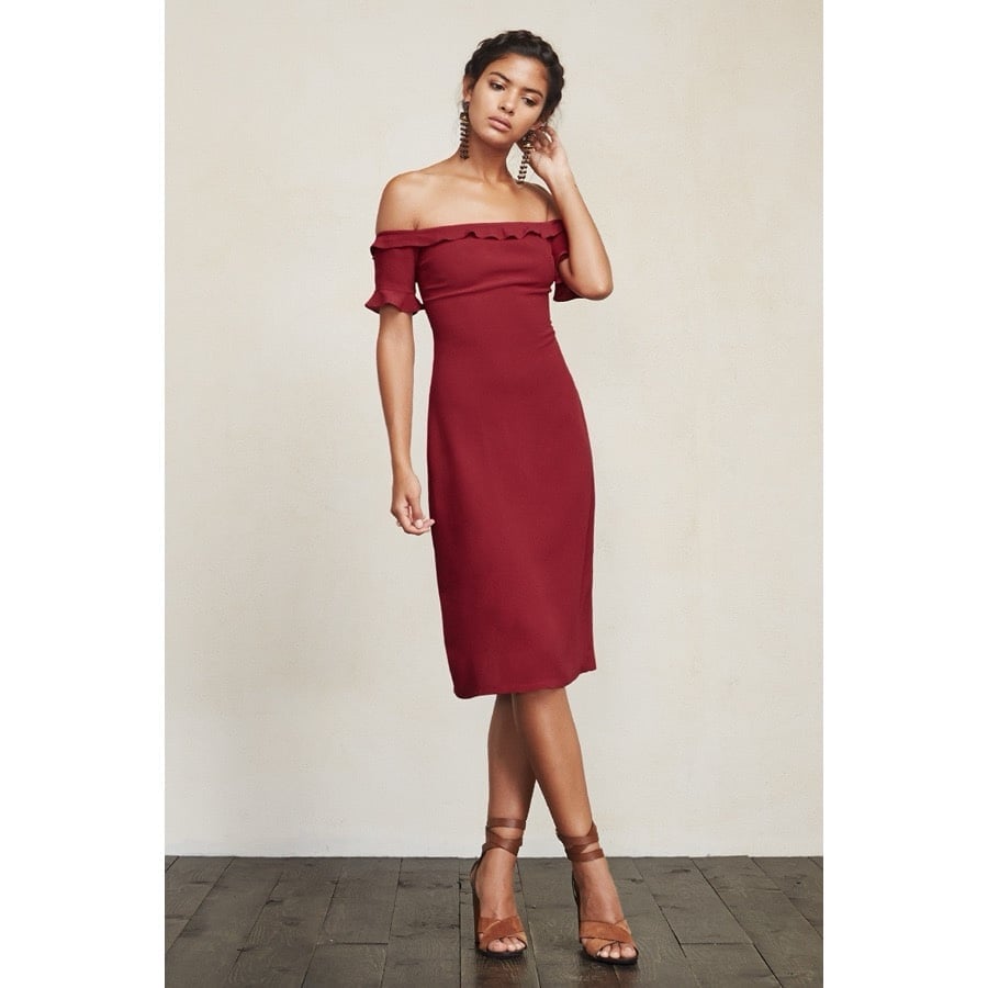 Reformation Antonia Off The Shoulder Cherry Red Midi Fitted Wedding Guest Dress