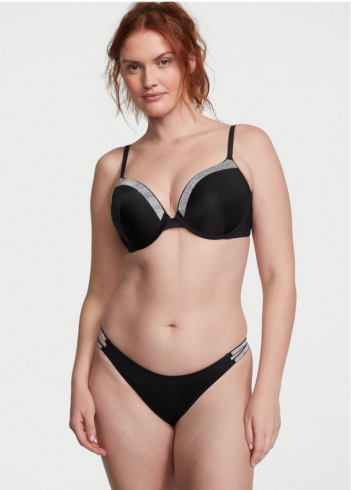 VS VERY SEXY SHINE STRAP TRIM PUSH-UP/SHINE STRAP HIGH-WAIST CHEEKY BLACK SET