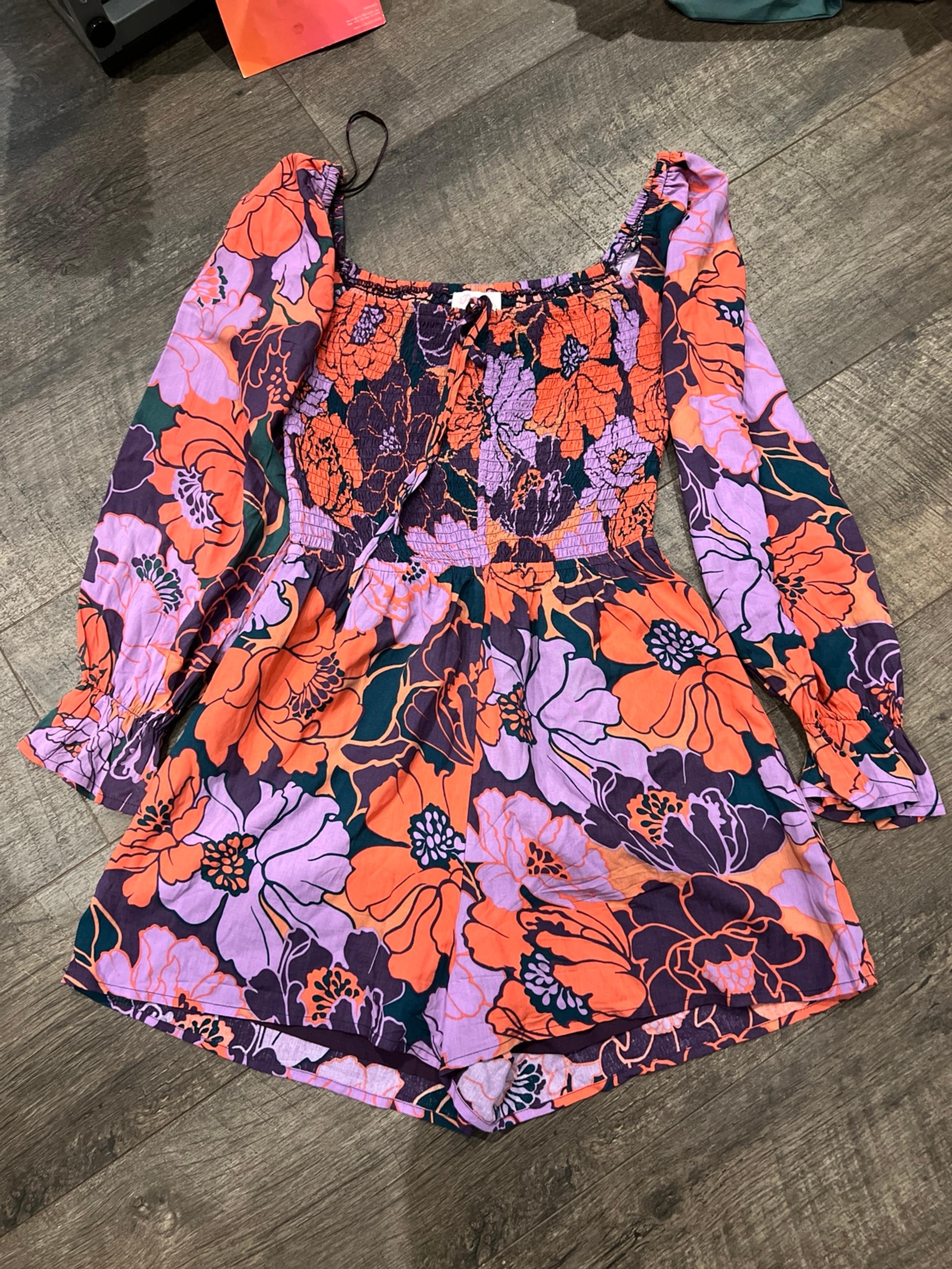 Pink Lily boutique romper shorts jumpsuit spring summer purple coral floral EUC