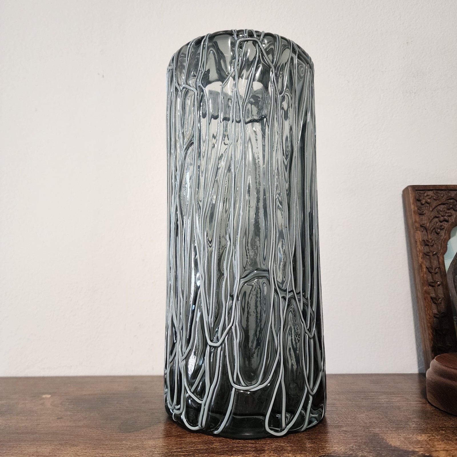 Modernist Tall Oval Handblown Murano Translucent Vase With Melted Threads Gray