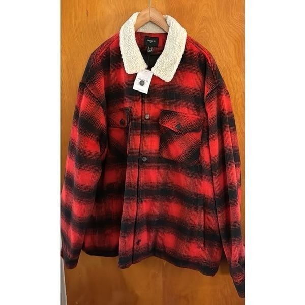 Red Plaid Fleece Jacket Mens XXL Sherpa Collar
