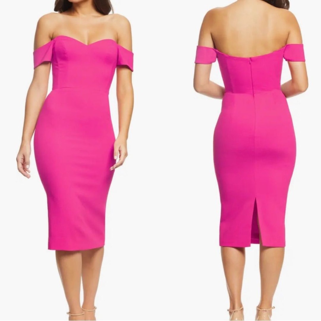 NWOT Dress the Population Bailey off the Shoulder knee length barbie pink S