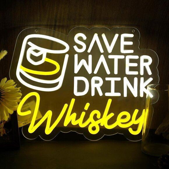 New Save Water Drink Whiskey Neon Sign, LED Bar Light for Man Cave & Home Decor