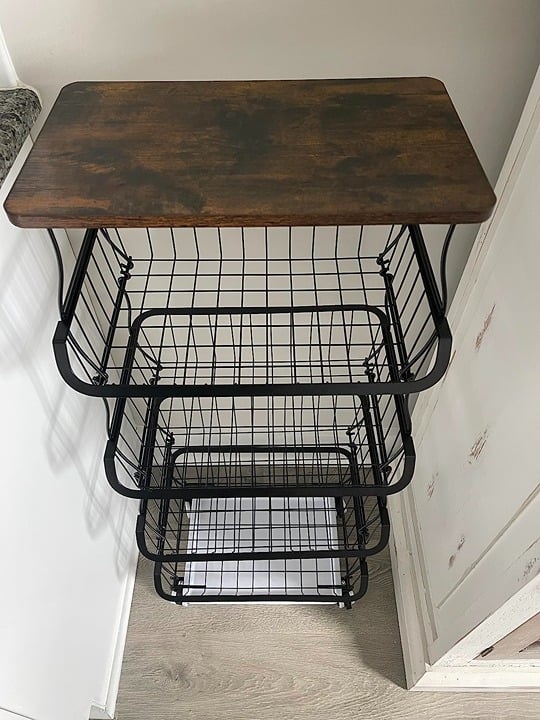 Fruit Basket with Wooden Lid for Kitchen, 4-Tier Stackable Wire Fruit Basket