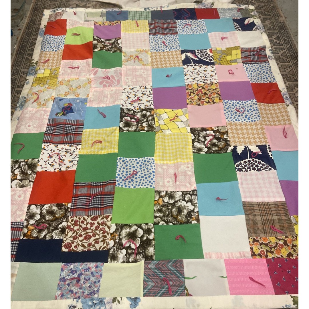 Homemade Baby Crib Size Quilt Patchwork 40”x 53” Floral textured patches tied