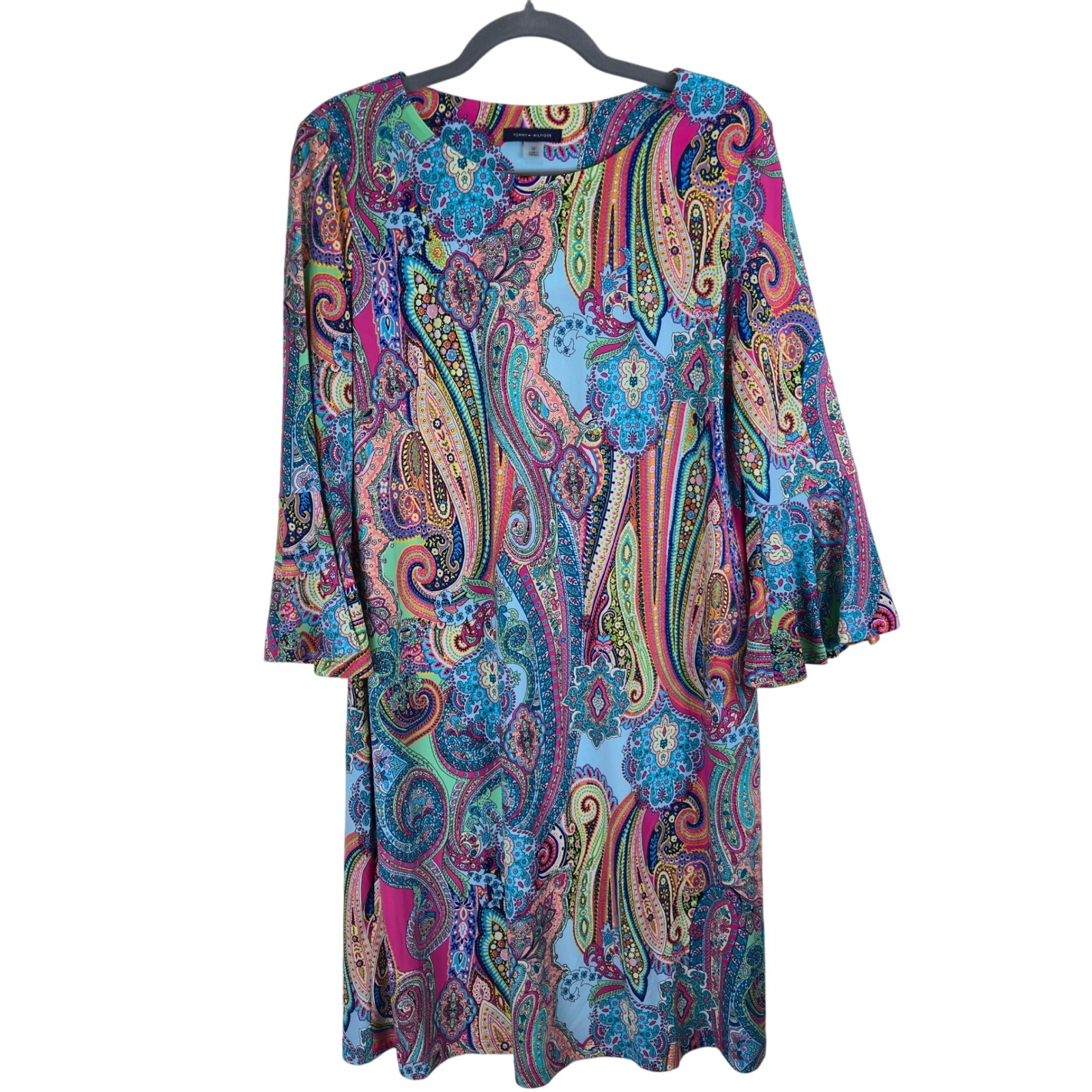 Tommy Hilfiger Womens Shift Dress Size 12 Bell Sleeves Paisley Bright Retro