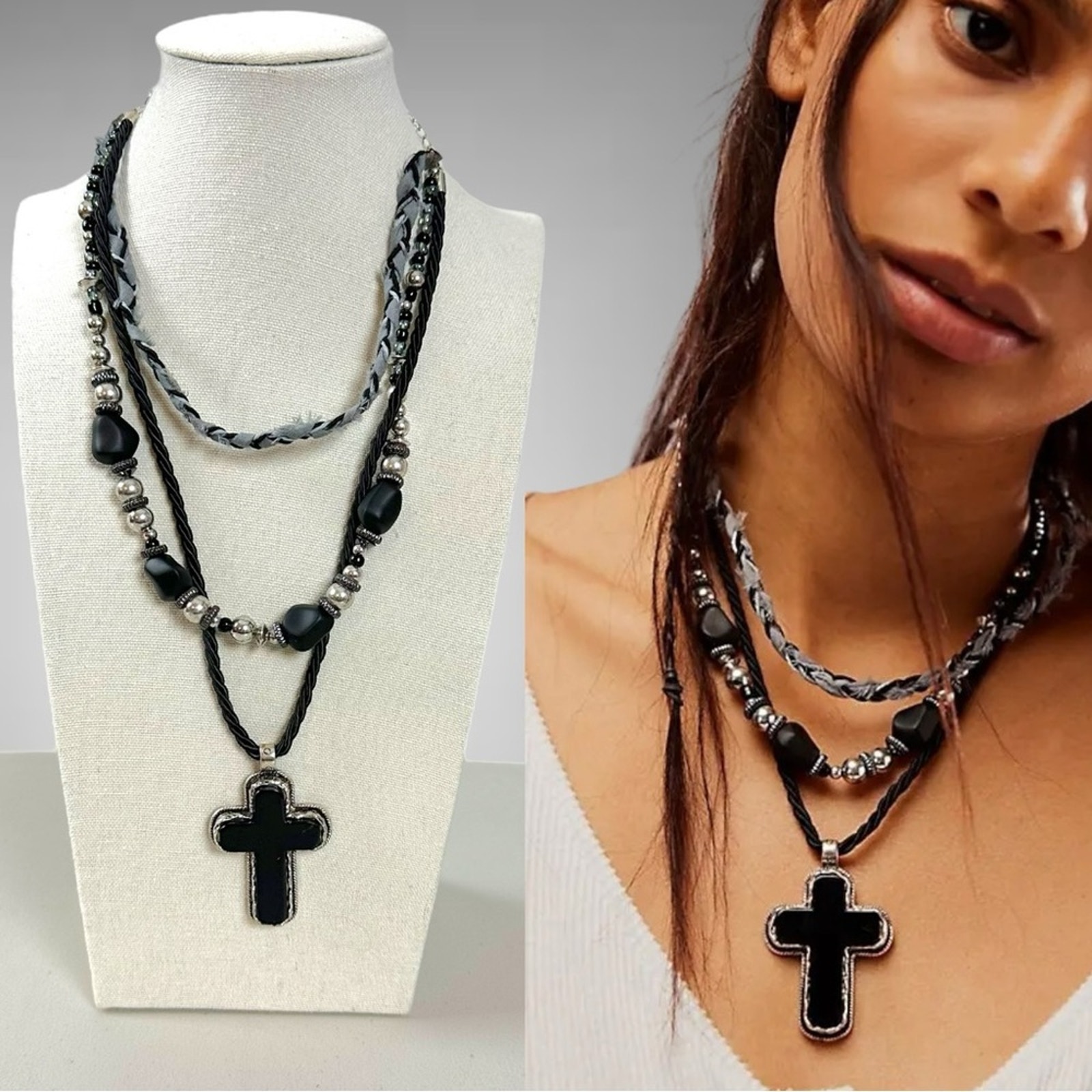 Free People Roadrunner Layered Necklace in Black NWT Charm Cross Western Boho