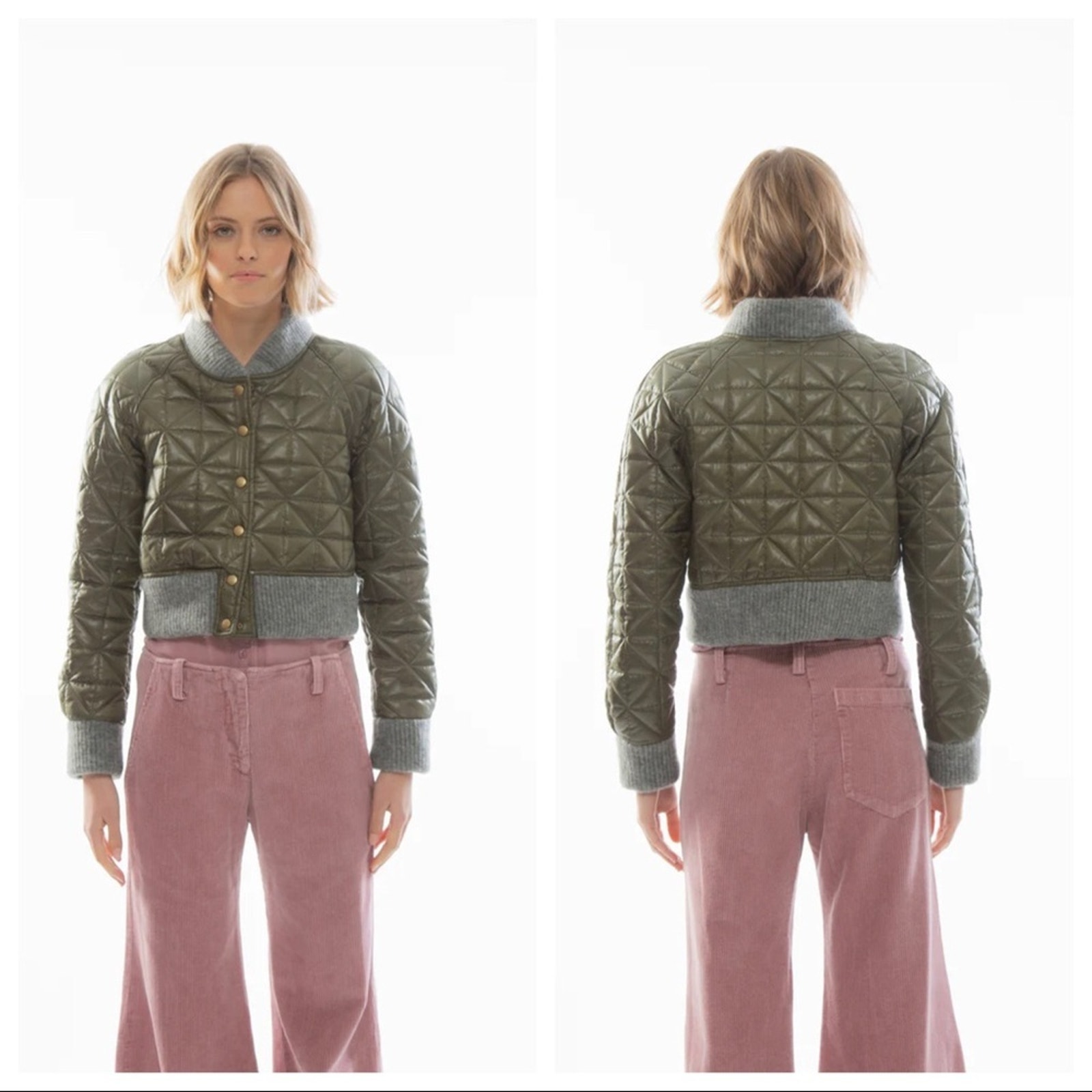GARBE LUXE Catherine Puffer Cropped Quilted Jacket Size L Army Green