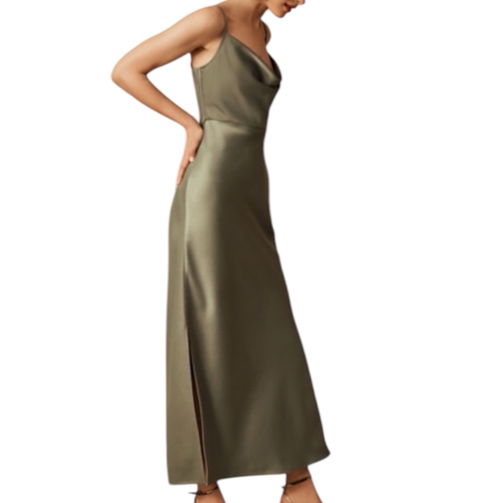 Sachin + Babi Charmeuse Satin Cali Cowl Neck Midi Slip Dress Moss Green Sz 8