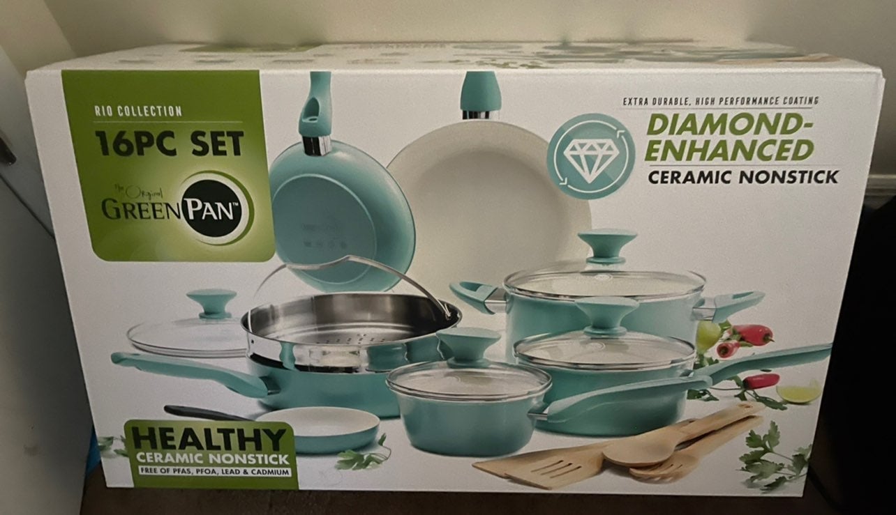 Green Pan Rio Collection Nonstick, Cookware Pots and Pans Set, 16 Pie