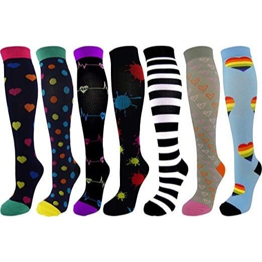 7 Pair Ladies Compression Socks, Assorted Colors Moderate/Medium Compression