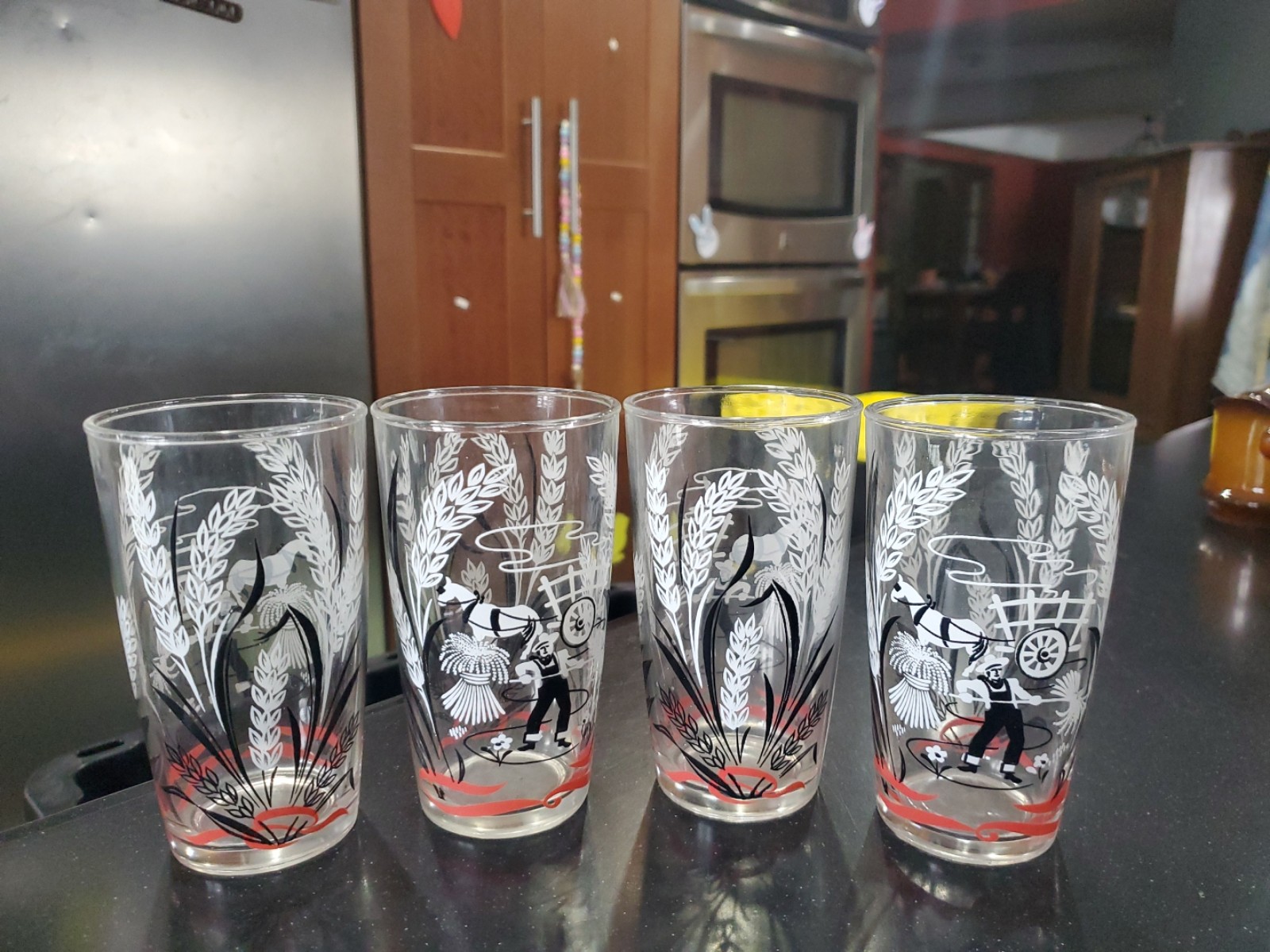 1950’s Mid Century Kitchenware, Vintage Glasses, Farm Scene Wheat Horse Set Of 4