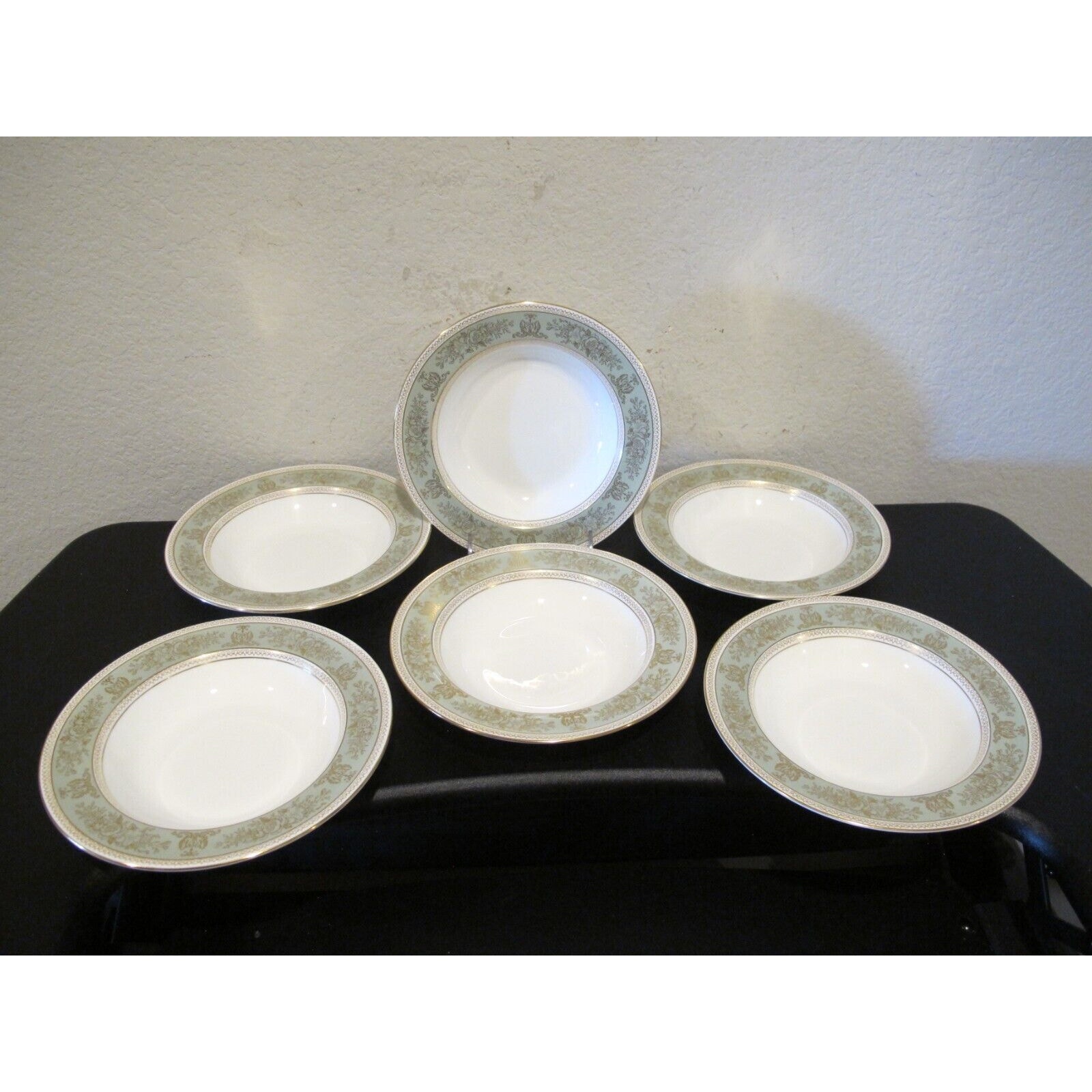 (6) Wedgwood Gold Columbia Sage Green Rim Soup Bowls