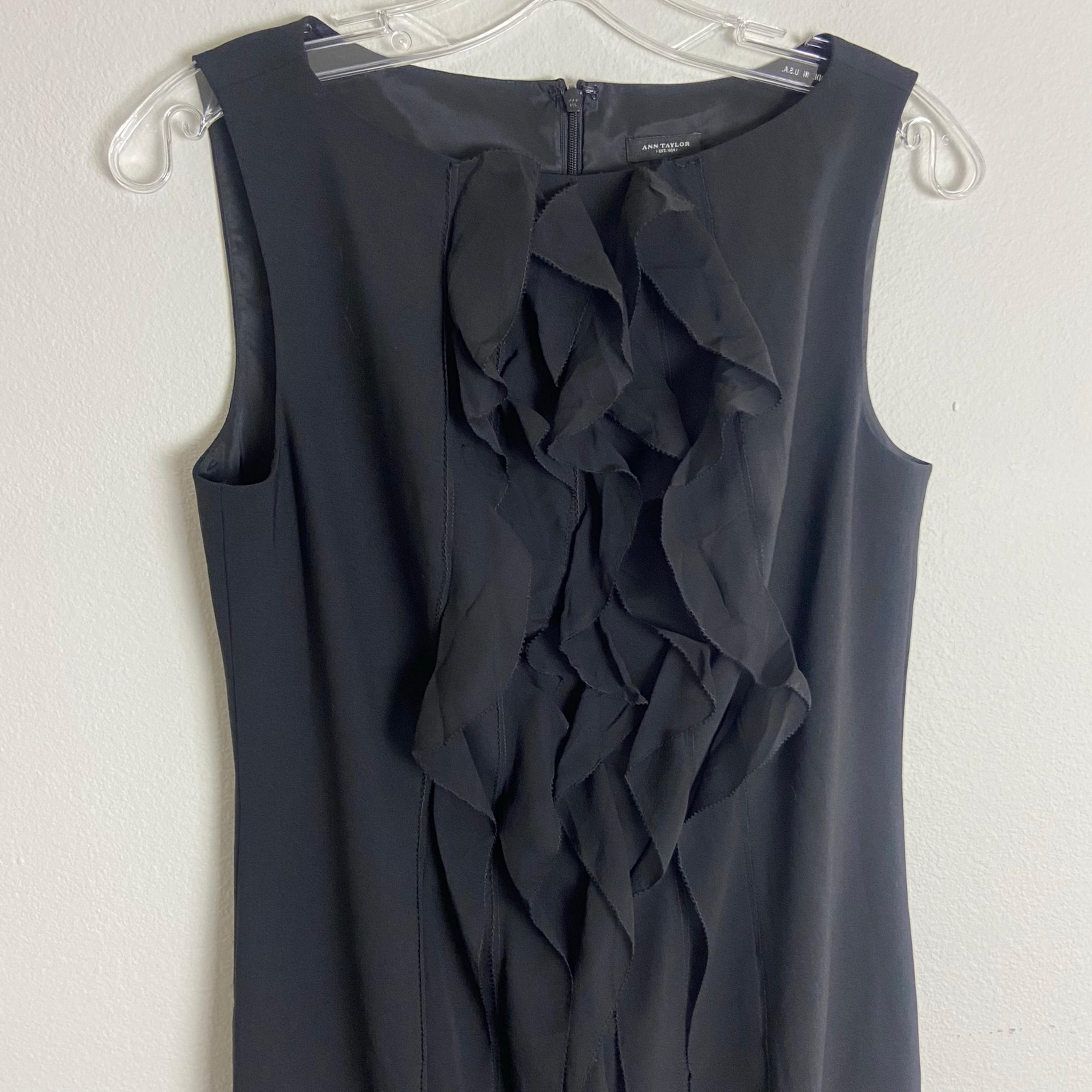 Ann Taylor Size 6 Black Virgin Wool Sheath Little Black Dress with Silk Ruffles