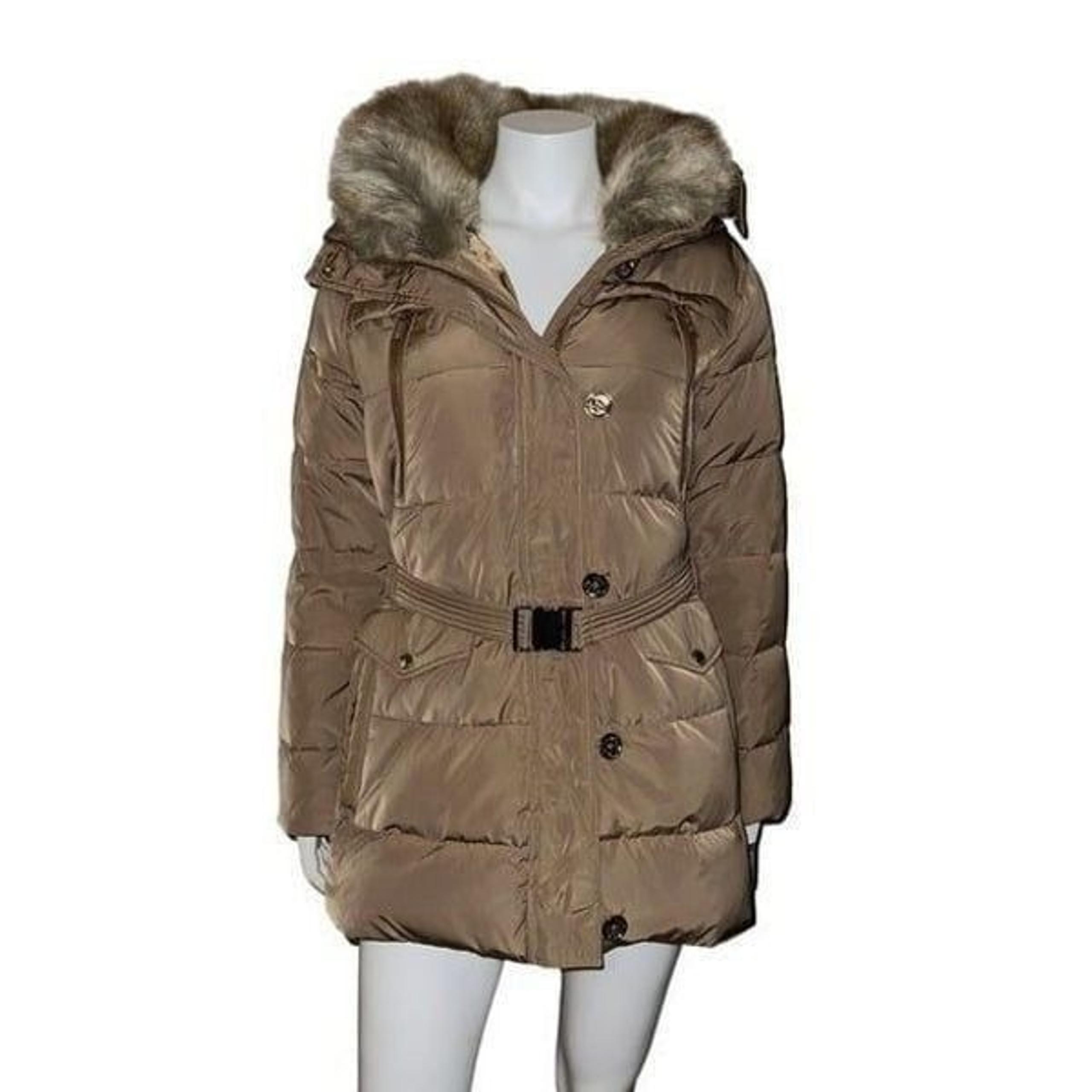 MICHAEL Michael Kors Womens Faux-Fur-Collar Hooded Down Puffer Coat Dark Camel L