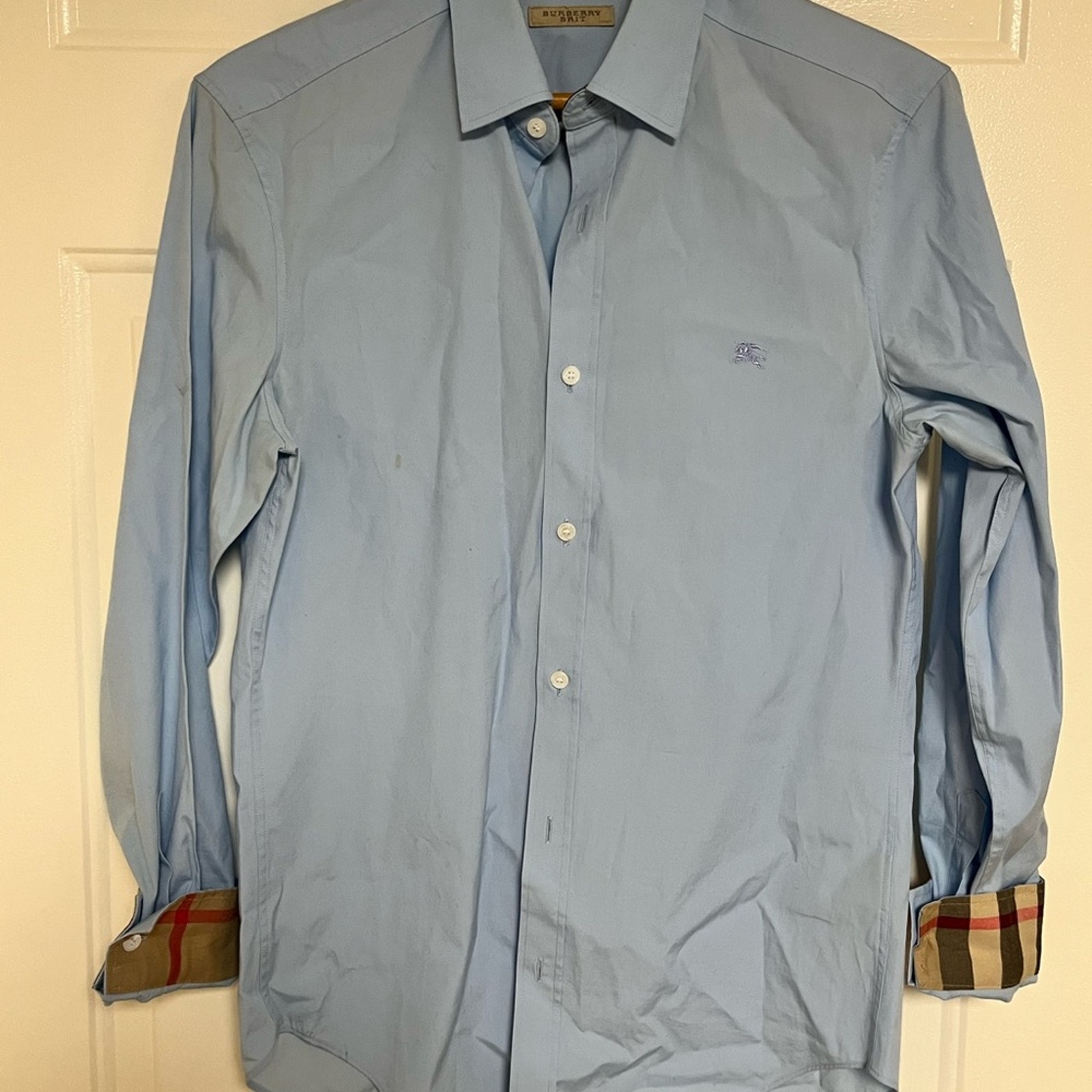 Vintage Burberry Brit Men's Blue Dress Shirt with Pointed Collar size small