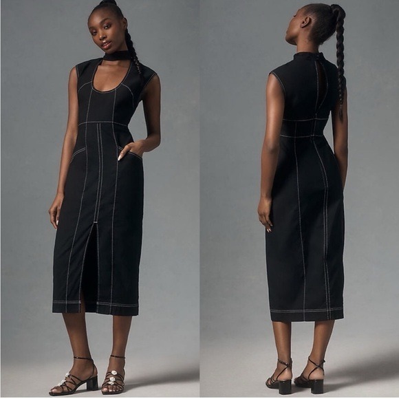 Maeve Anthropologie Black Maxi Dress Pockets Scoop Neck Choker Size XL New