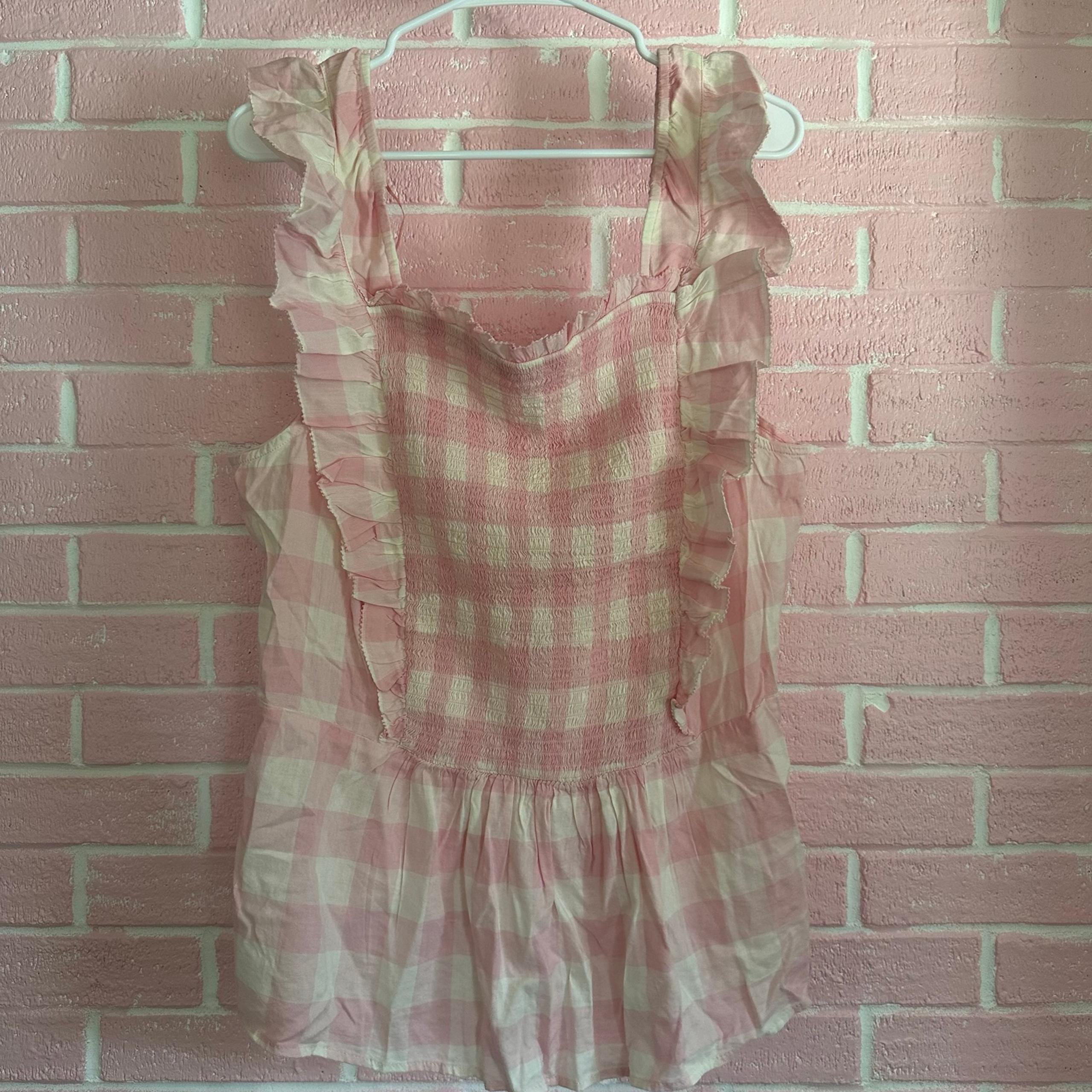Women’s old navy pink plaid summer tank top ruffles shirt 3x 3xl