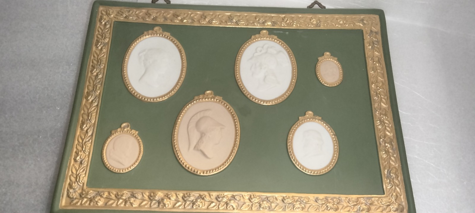 Antique Wedgewood Green Jasperware Gilt Cameo Wall Plaque