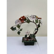 Vtg Jade Bonsai Tree Flowering And Semi Precious Stone with Jade Planter 8x9”