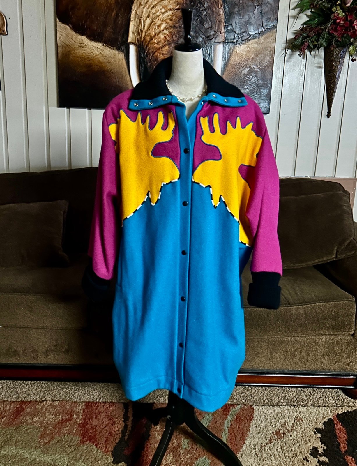 Cindy Owings ~ Medium Vintage Retro Multi-Colors Moose Design Wool Trench Coat