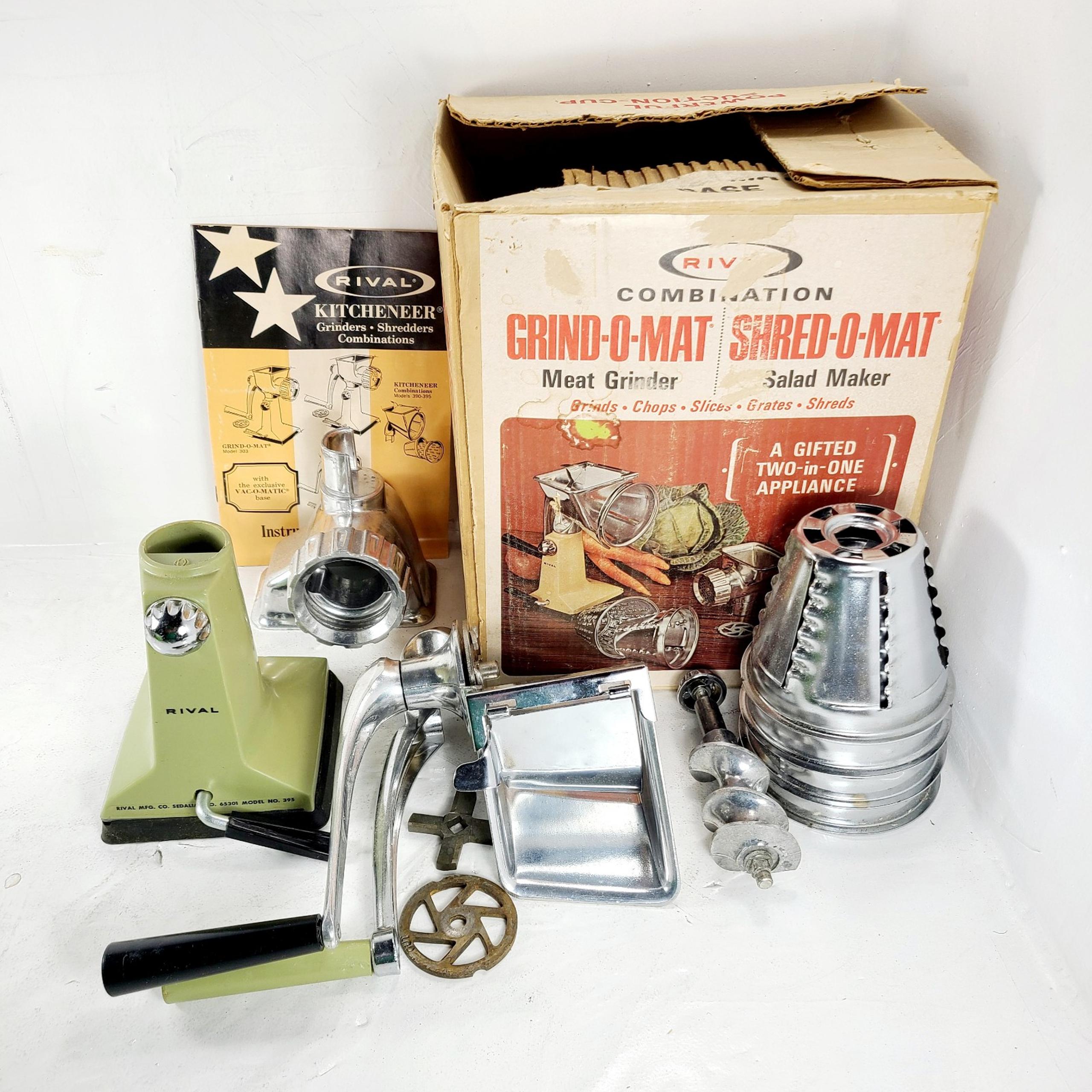 Vintage Avocado Rival Grind-O-Mat Meat Grinder Shred-O-Mat Salad Maker Model 395