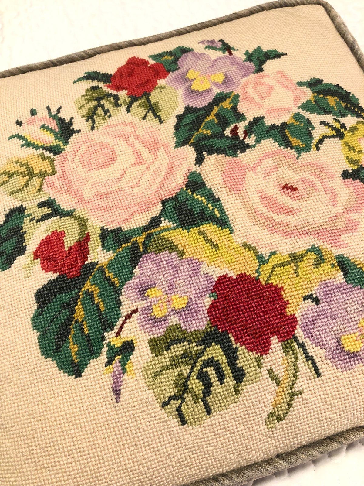 Vintage Needlepoint Pillow 16x16 Roses