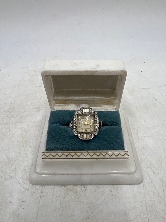 VTG 1940s 15mm Norman Rhinestone Bezel 17J Women's Windup Ring Watch Swiss Made!