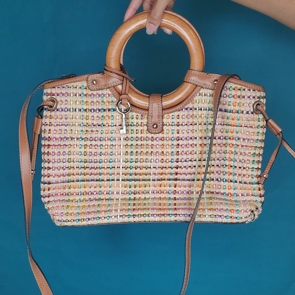 Fossil Ratten Woven Satchel Wooden Handl
