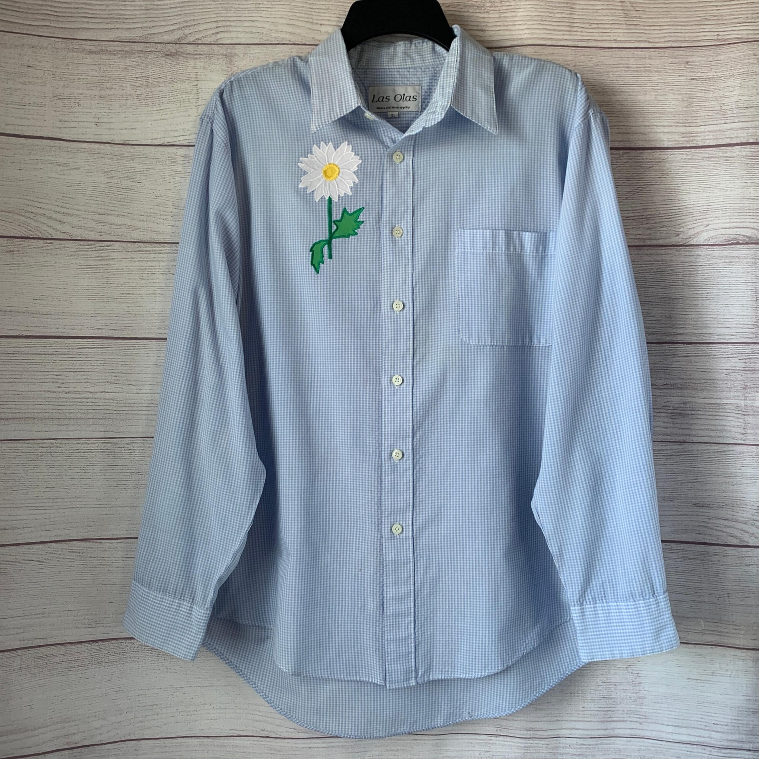 Vintage Las Olas Blue Gingham Check Button Up Shirt Embroidered Daisy Flower L
