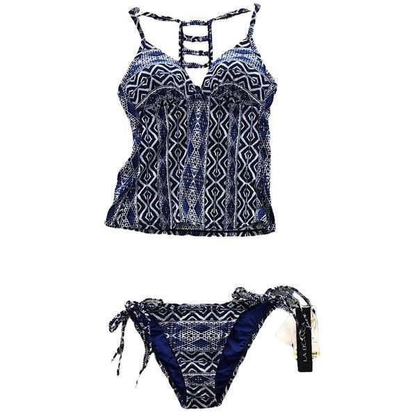 LA BLANCA Womens Tankini Set Blue White Patterned Padded California Cut Sz 4