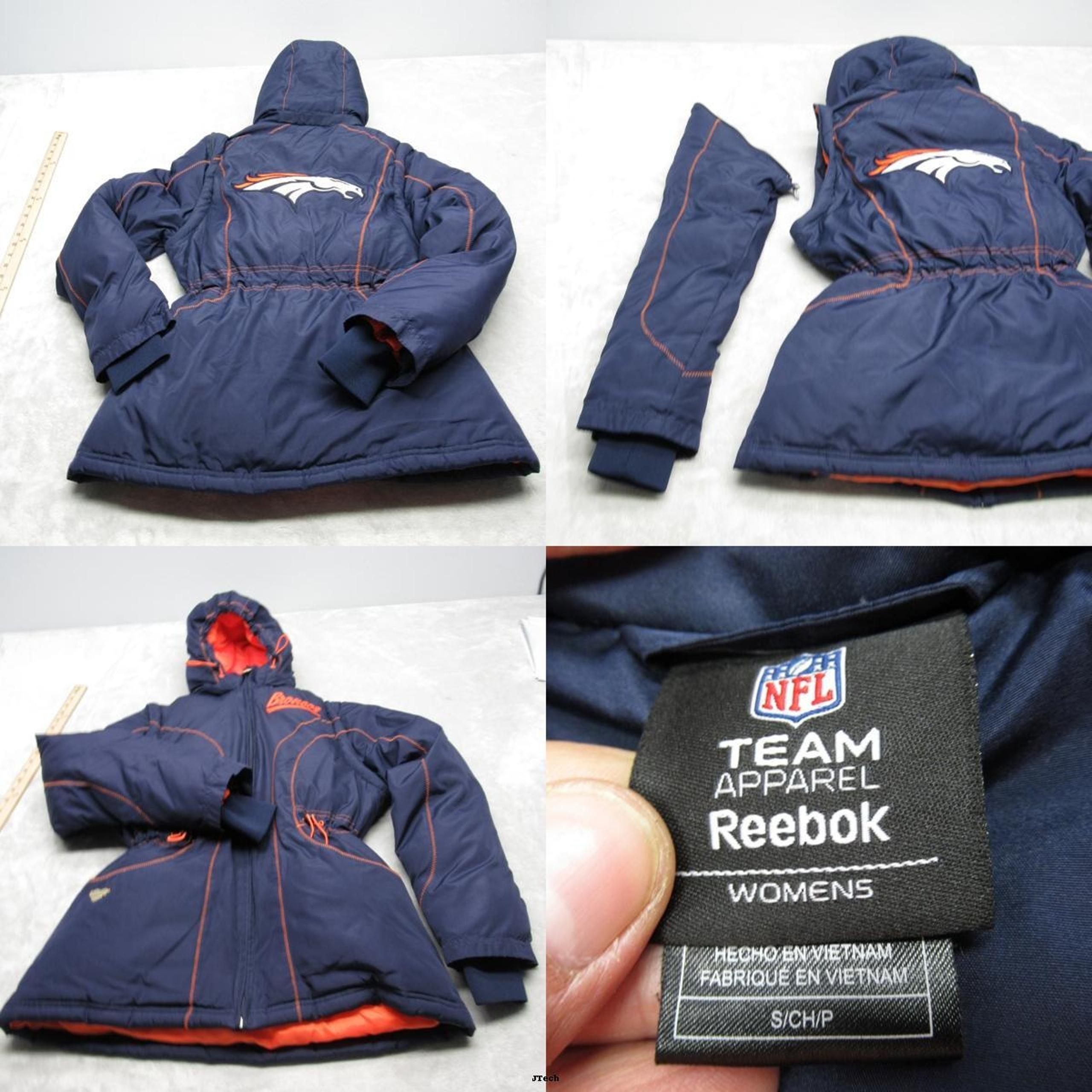 Denver Broncos Jacket Womens Small Reebok Coat Blue Convertible Sleeves Full Zip