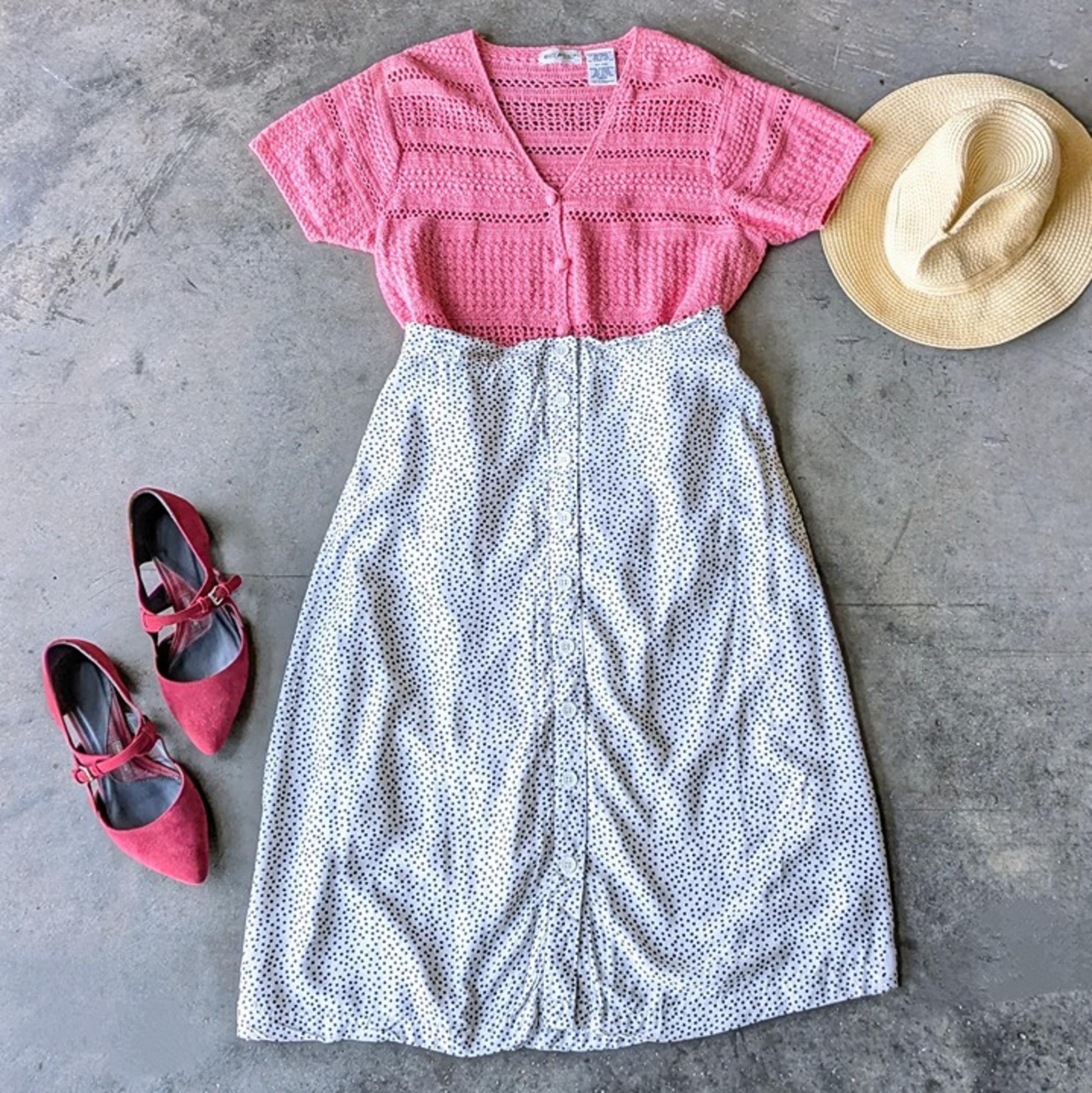Vintage White Stag Bubblegum Pink Pointelle Knit Short Sleeve Top large