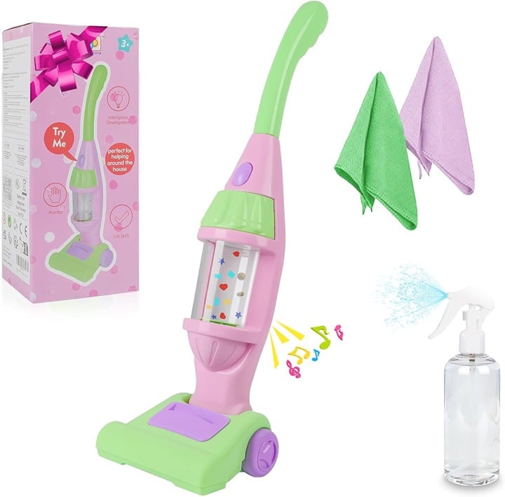 Kids Vacuum Cleaner Toy, with Light & Sounds Effects & Whirling Stars, Pink