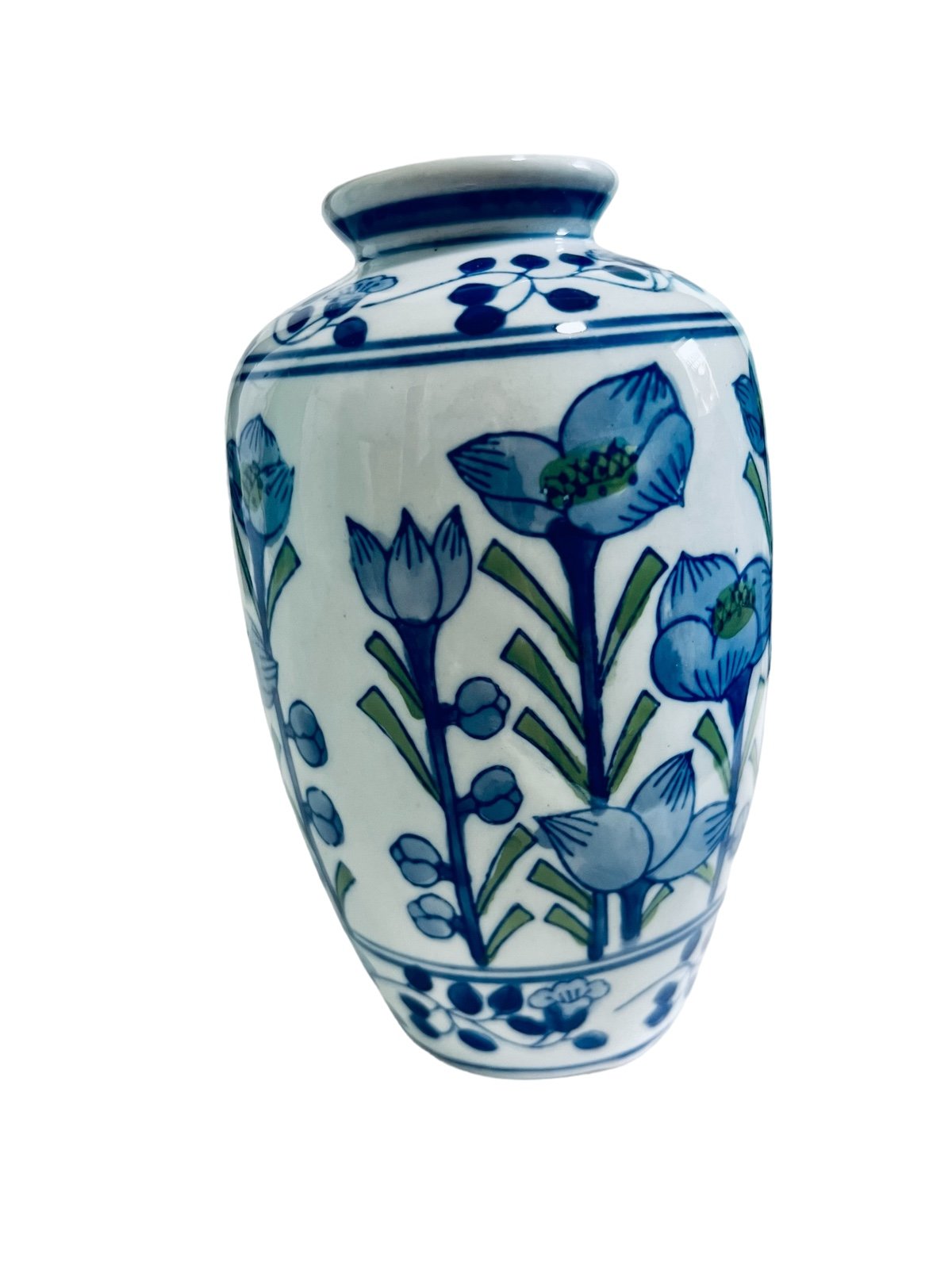 Vintage Japanese Kazan Kiln Porcelain Blue Patterned Vase