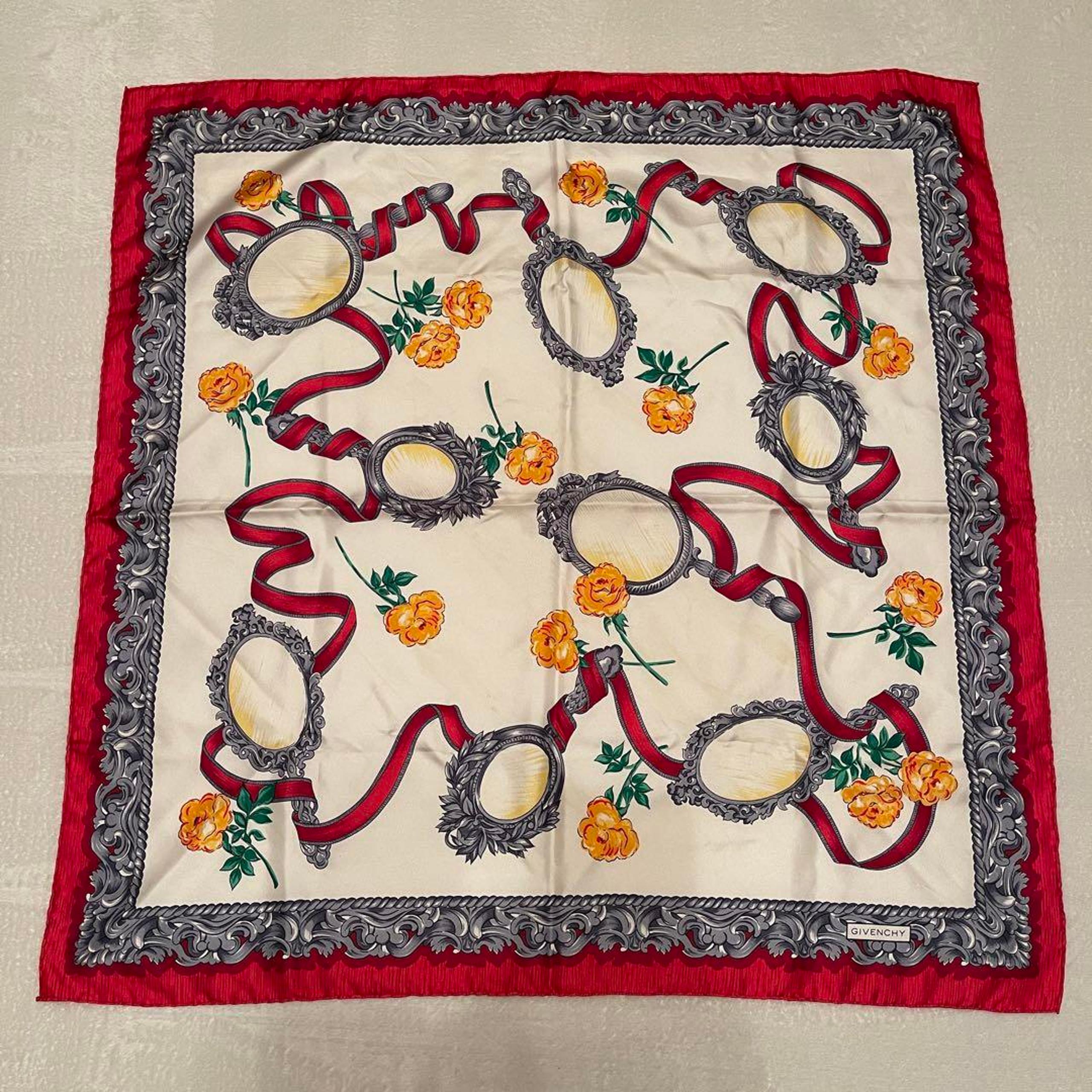 GIVENCHY (ジバンシー) Silk Large Scarf with Floral Ribbon Pattern, Red Tone