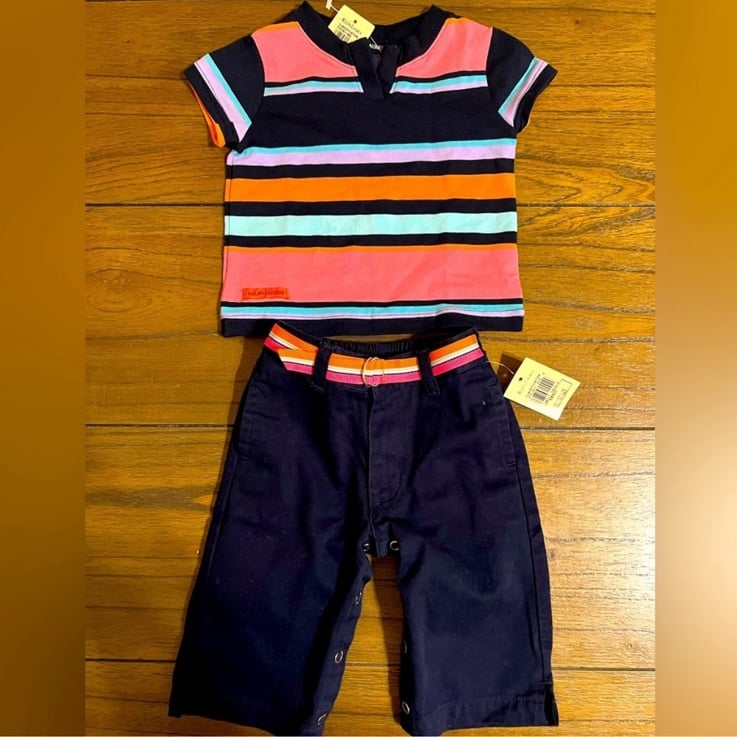 Ralph Lauren baby girl stripes t-shirt and navy blue pants set