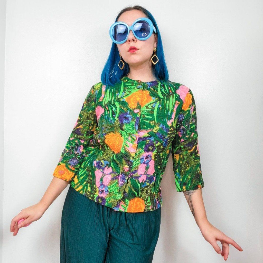Vintage 1960s Retro Green Floral Print Shacket / Blouse