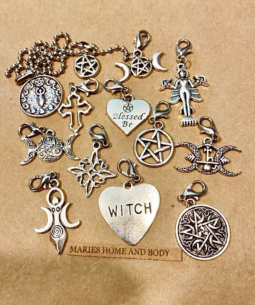 13 pc Charms Set Spiritual Witch Pagan Wiccan Clip on Pentagram Lilith Hecate